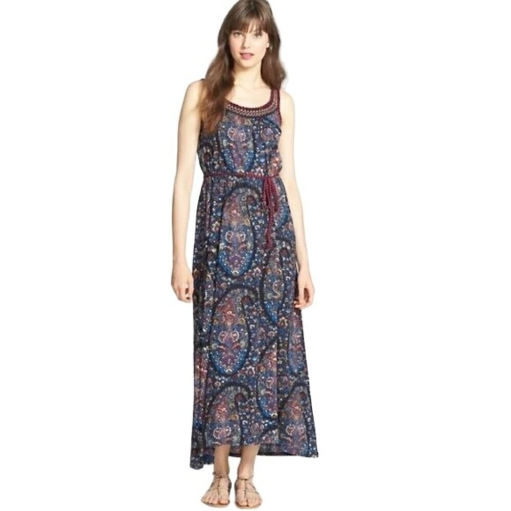 Lucky Brand Women Sleeveless Maxi Dress XS Paisley Pattern Embroidered Neckline